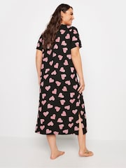 Yours Curve Black Animal Print Heart Placket 100% Cotton Midaxi Nightdress - Image 3 of 5