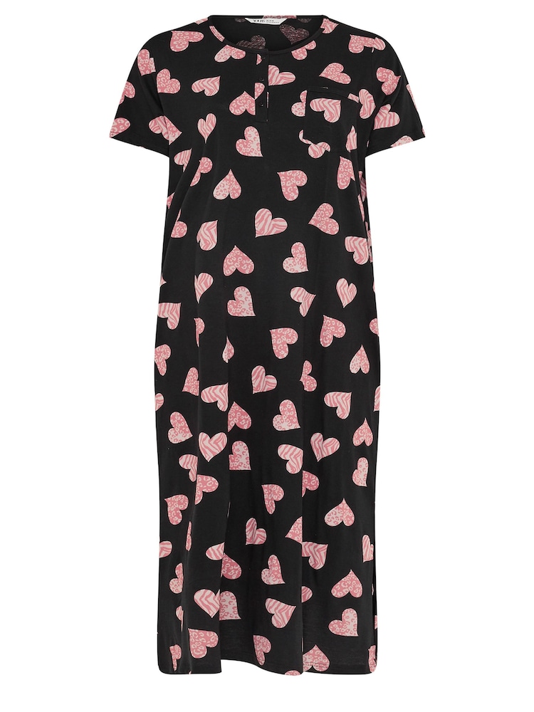 Yours Curve Black Animal Print Heart Placket 100% Cotton Midaxi Nightdress - Image 5 of 5