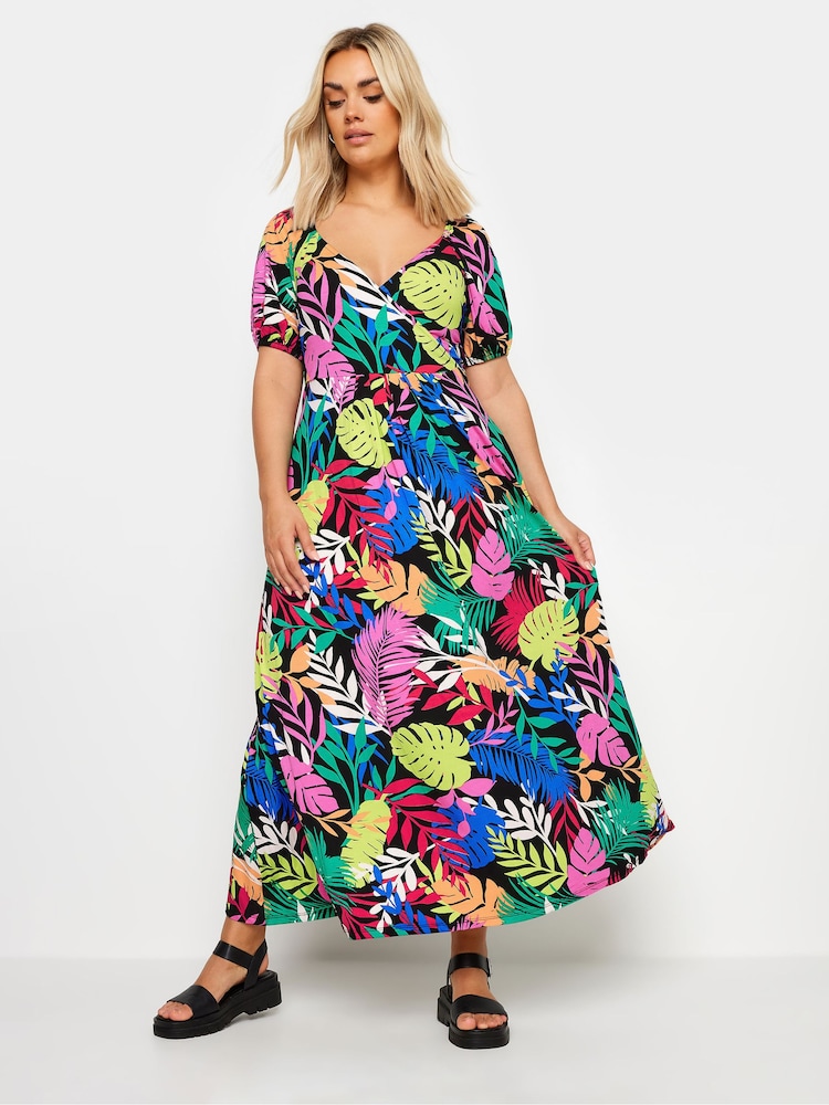 Yours Curve Black Rainbow Leaf Wrap Dress - Image 2 of 5