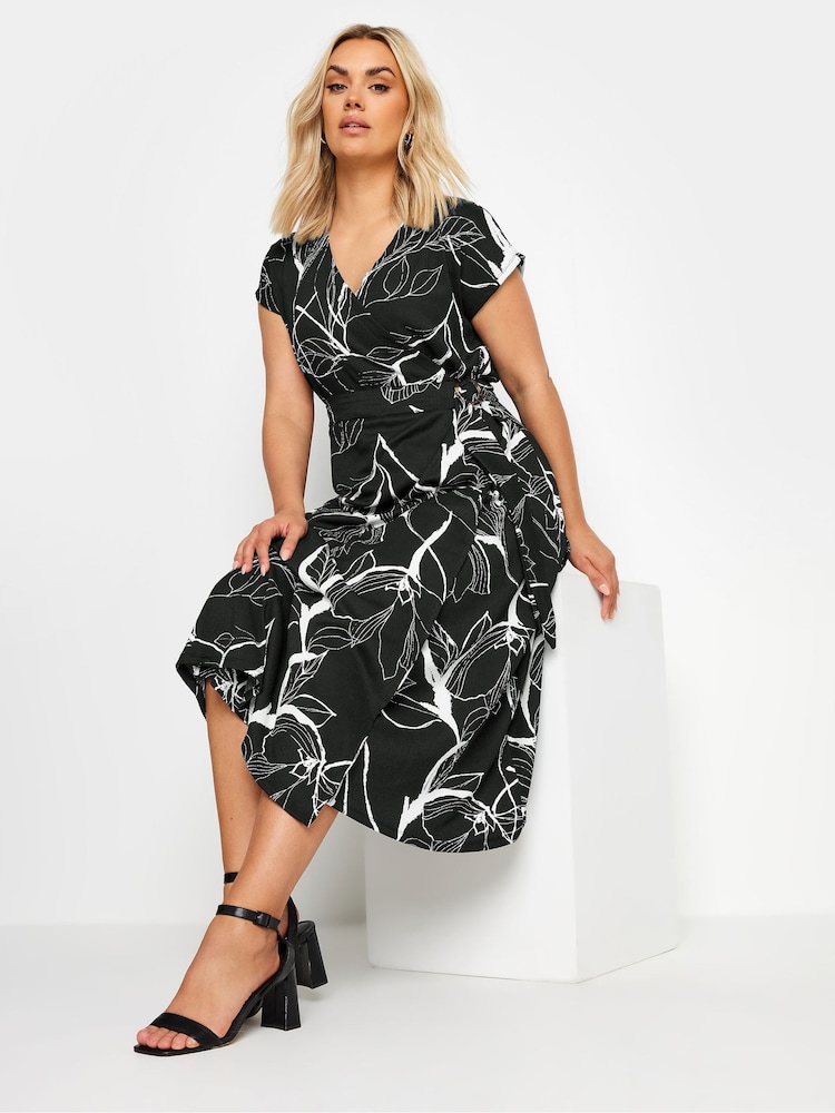 Yours Curve Black Leaf Crinkle Midi Wrap Dress - Image 1 of 5