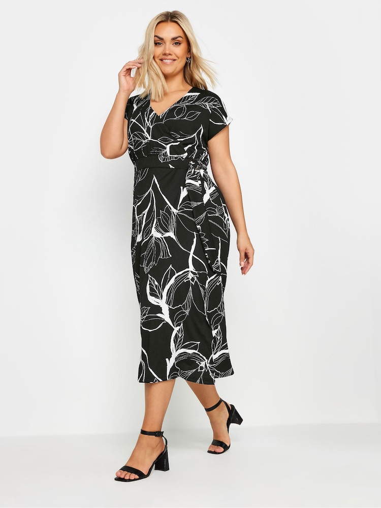 Yours Curve Black Leaf Crinkle Midi Wrap Dress - Image 2 of 5