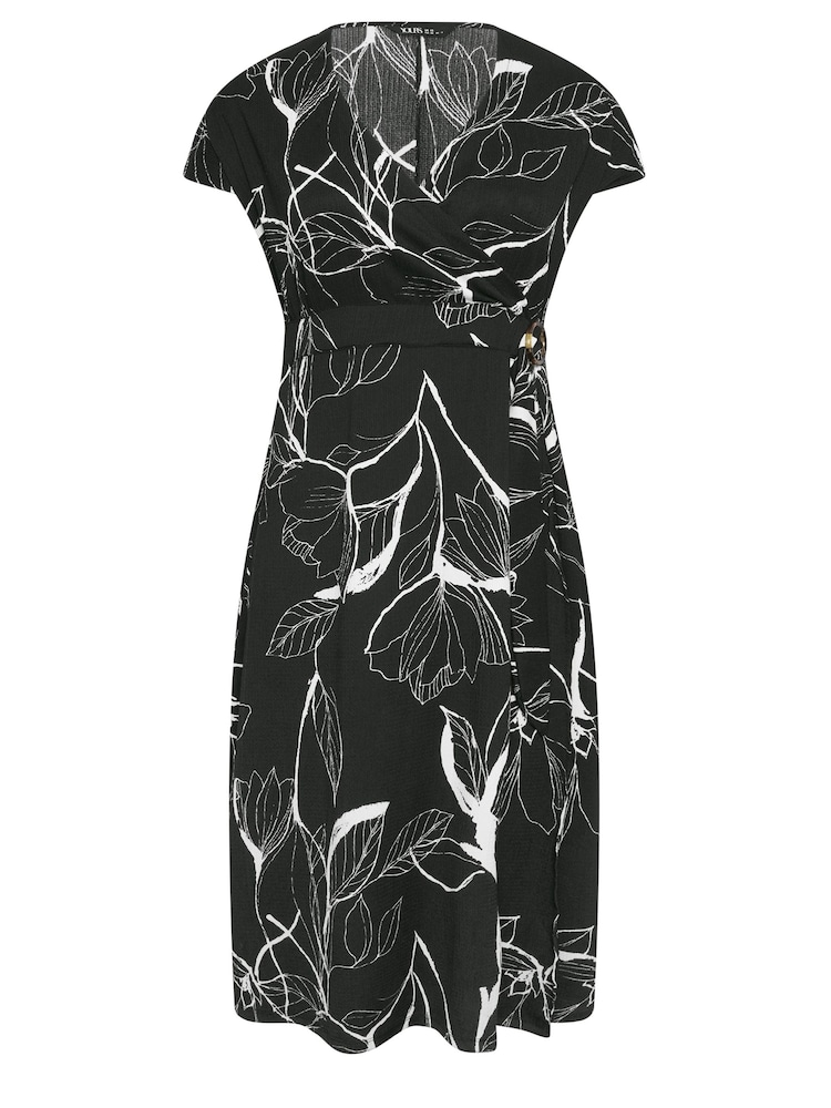 Yours Curve Black Leaf Crinkle Midi Wrap Dress - Image 5 of 5