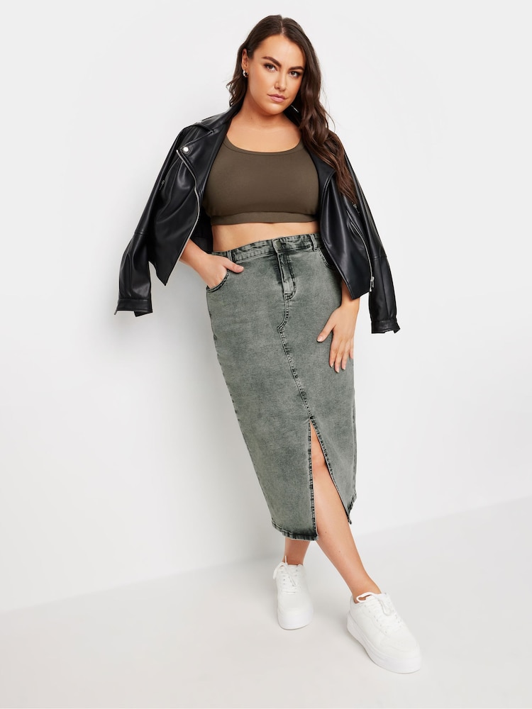 Yours Curve Grey Acid Wash Stretch Denim Midaxi Skirt - Image 1 of 5 Yours Curve Grey Acid Wash Stretch Denim Midaxi Skirt - Image 1 of 5