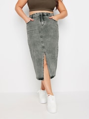 Yours Curve Grey Acid Wash Stretch Denim Midaxi Skirt - Image 2 of 5