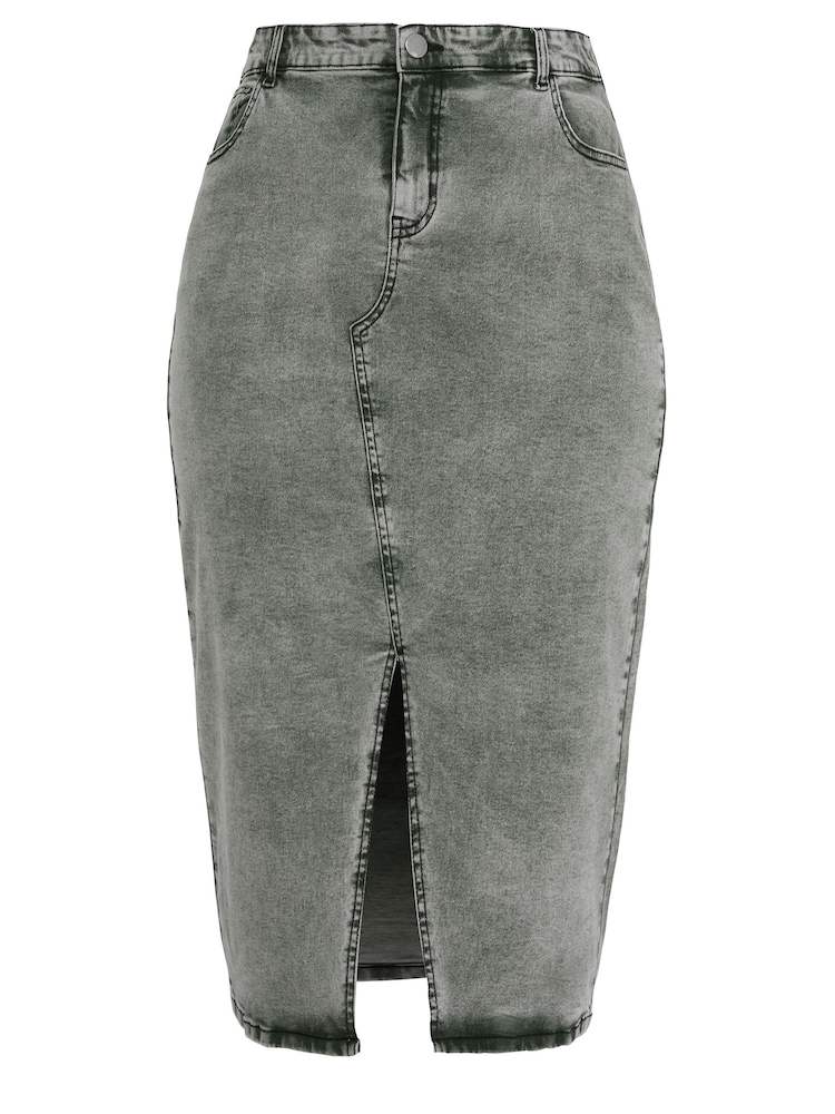 Yours Curve Grey Acid Wash Stretch Denim Midaxi Skirt - Image 5 of 5