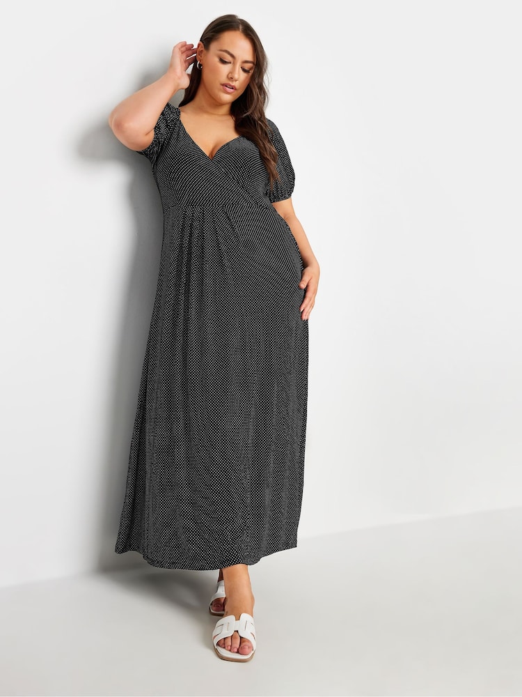 Yours Curve Black Polka Dot Wrap Dress - Image 1 of 5