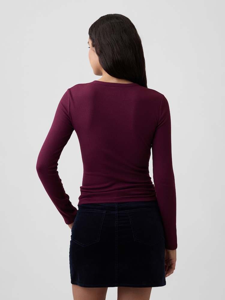Gap Plum Purple Ribbed Henley Long Sleeve T-Shirt - Image 2 of 5