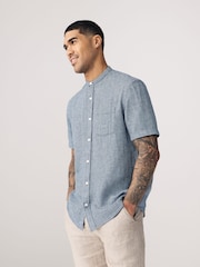 Navy Blue Grandad Collar Cotton Linen Blend Short Sleeve Shirt - Image 1 of 7