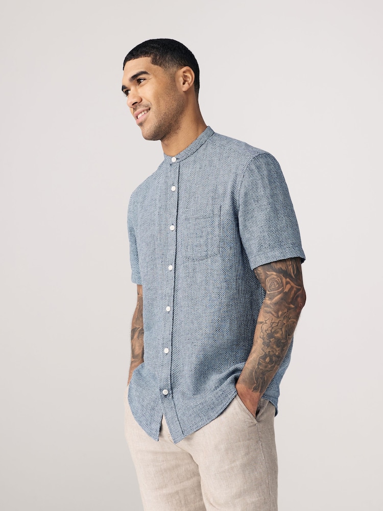 Navy Blue Grandad Collar Cotton Linen Blend Short Sleeve Shirt - Image 1 of 7