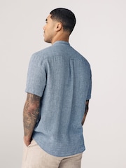 Navy Blue Grandad Collar Cotton Linen Blend Short Sleeve Shirt - Image 2 of 7