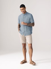 Navy Blue Grandad Collar Cotton Linen Blend Short Sleeve Shirt - Image 3 of 7