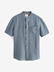 Navy Blue Grandad Collar Cotton Linen Blend Short Sleeve Shirt - Image 5 of 7