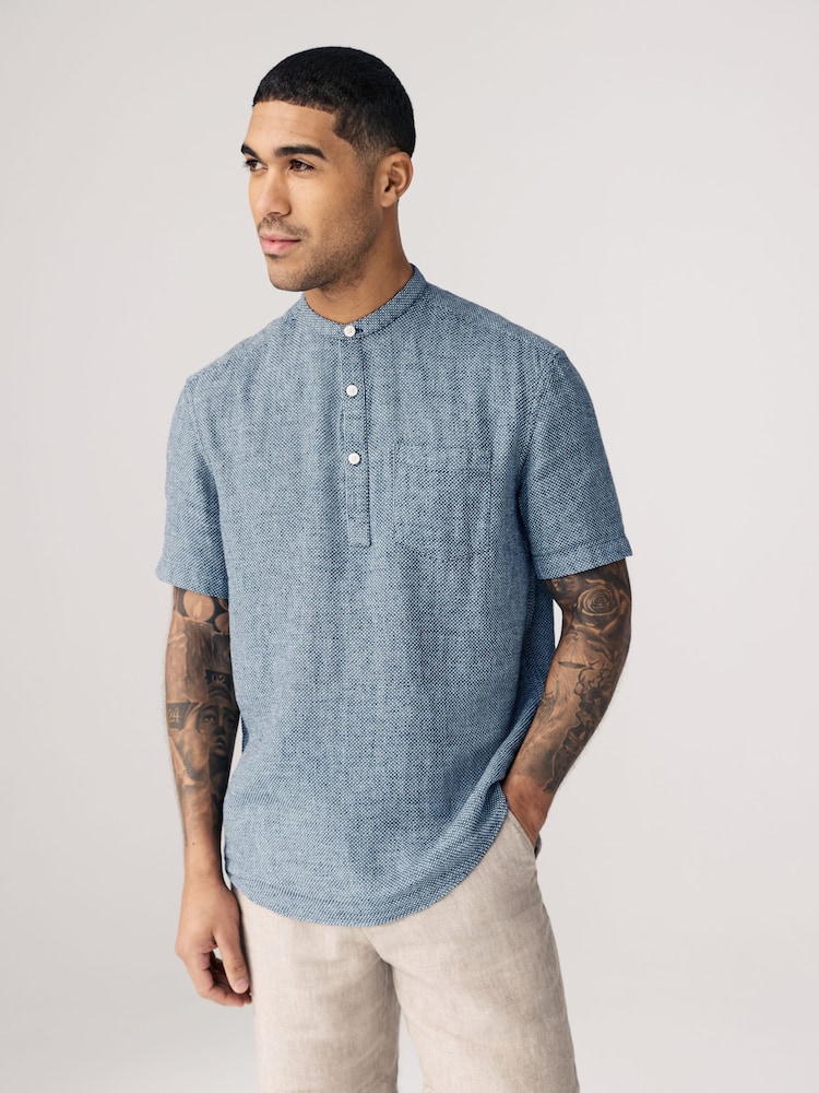 Navy Blue Overhead Cotton Linen Blend Short Sleeve Shirt - Image 1 of 8 Navy Blue Overhead Cotton Linen Blend Short Sleeve Shirt - Image 1 of 8