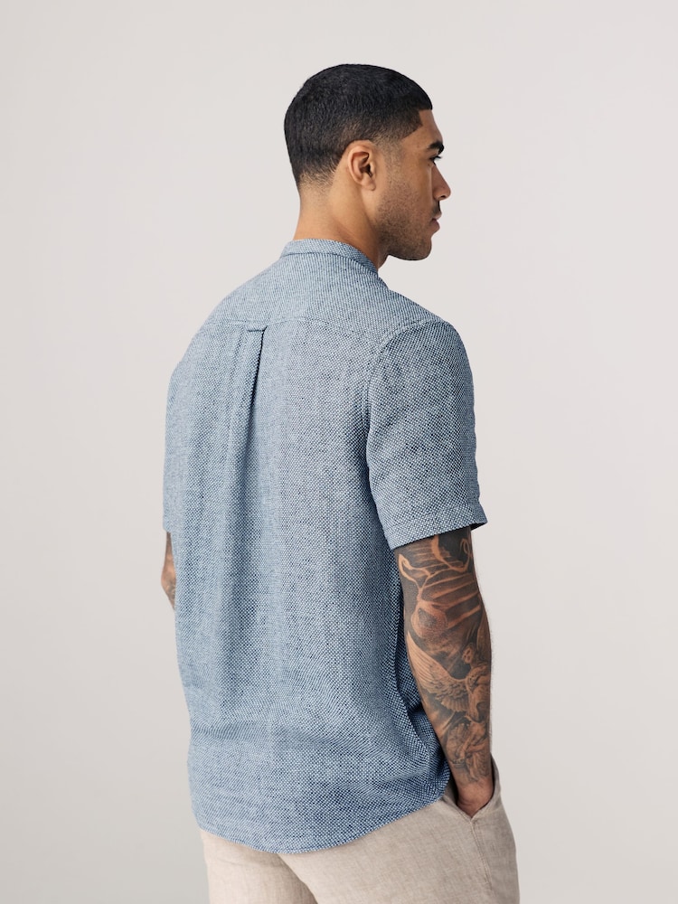 Navy Blue Overhead Cotton Linen Blend Short Sleeve Shirt - Image 2 of 8 Navy Blue Overhead Cotton Linen Blend Short Sleeve Shirt - Image 2 of 8