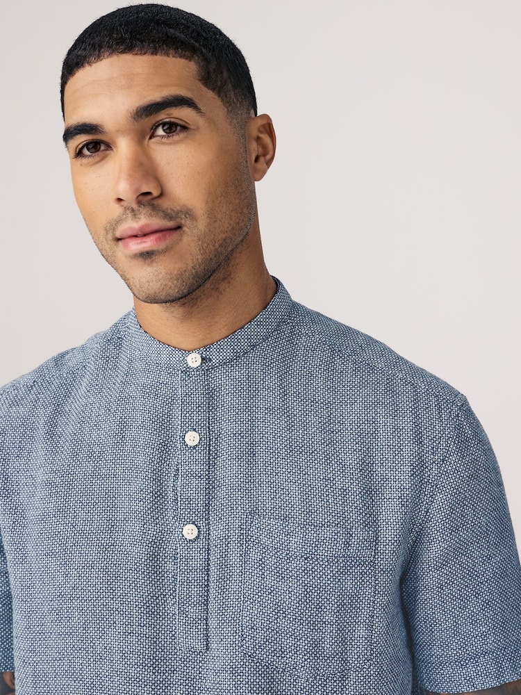 Bleu marine - À enfiler - Chemise à manches courtes en lin et coton mélangés - Image 3 of 8