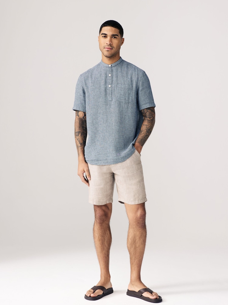 Bleu marine - À enfiler - Chemise à manches courtes en lin et coton mélangés - Image 4 of 8