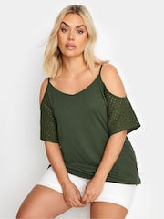 Yours Curve Green Cold Shoulder Anglaise Sleeve Top - Image 1 of 5