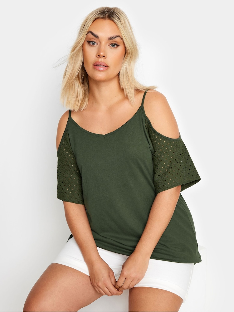 Yours Curve Green Cold Shoulder Anglaise Sleeve Top - Image 1 of 5