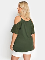 Yours Curve Green Cold Shoulder Anglaise Sleeve Top - Image 2 of 5