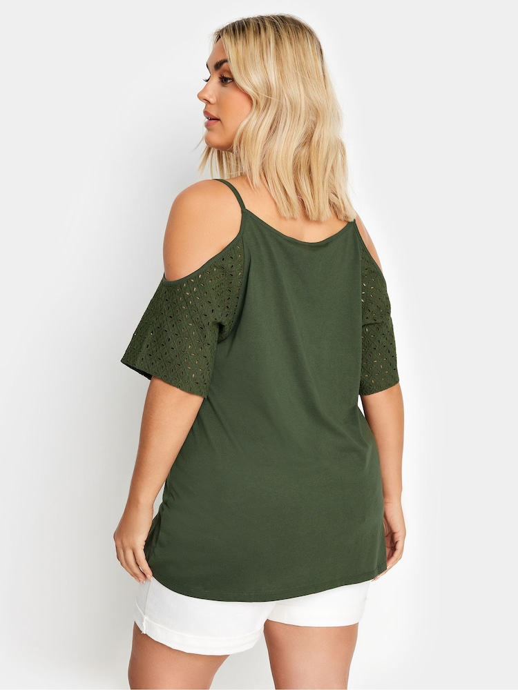Yours Curve Green Cold Shoulder Anglaise Sleeve Top - Image 2 of 5