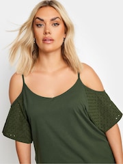 Yours Curve Green Cold Shoulder Anglaise Sleeve Top - Image 4 of 5