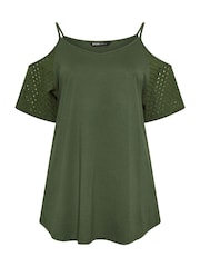 Yours Curve Green Cold Shoulder Anglaise Sleeve Top - Image 5 of 5