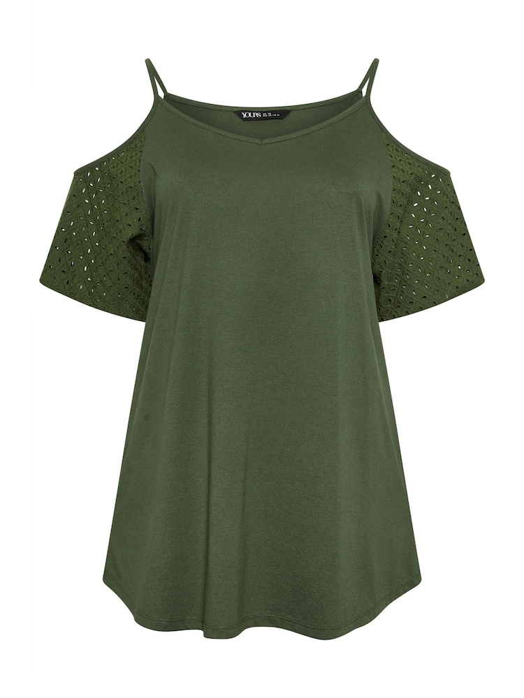 Yours Curve Green Cold Shoulder Anglaise Sleeve Top - Image 5 of 5