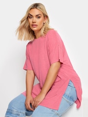 Yours Curve Pink Oversize Side Split Linen Look T-Shirt - Image 1 of 5