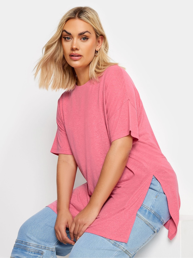 Yours Curve Pink Oversize Side Split Linen Look T-Shirt - Image 1 of 5