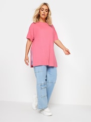 Yours Curve Pink Oversize Side Split Linen Look T-Shirt - Image 2 of 5