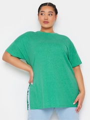Yours Curve Green Oversize Side Split Linen Look T-Shirt - Image 1 of 5