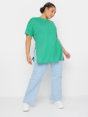 Yours Curve Green Oversize Side Split Linen Look T-Shirt - Image 2 of 5