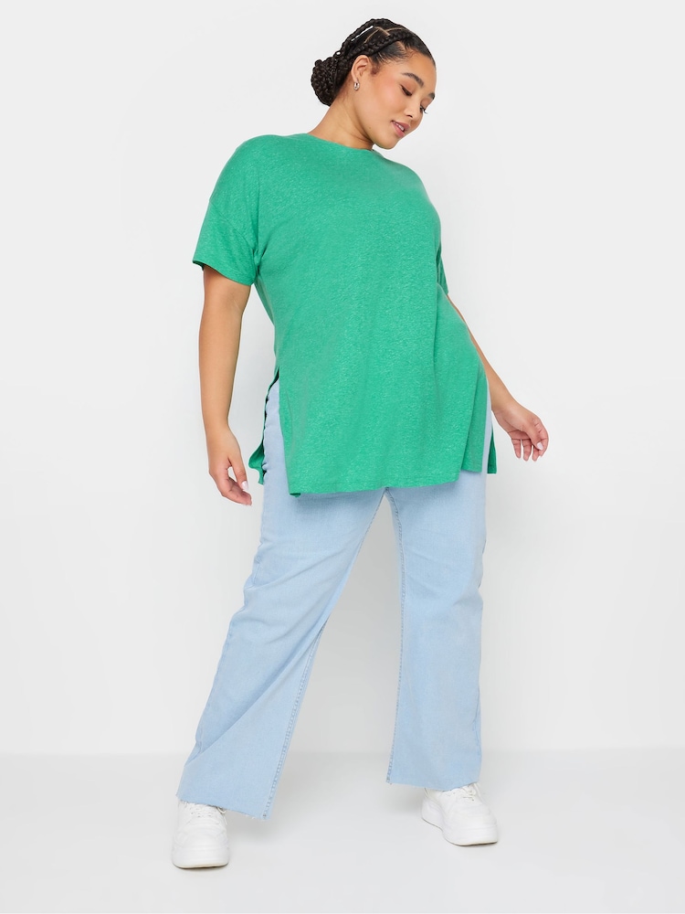 Yours Curve Green Oversize Side Split Linen Look T-Shirt - Image 2 of 5