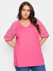Yours Curve Pink Anglaise Sleeve 100% Cotton T-Shirt - Image 1 of 5