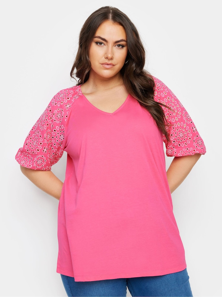 Yours Curve Pink Anglaise Sleeve 100% Cotton T-Shirt - Image 1 of 5