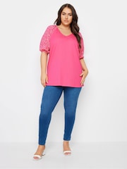Yours Curve Pink Anglaise Sleeve 100% Cotton T-Shirt - Image 2 of 5