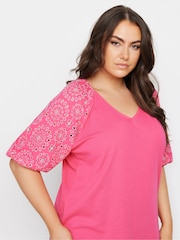Yours Curve Pink Anglaise Sleeve 100% Cotton T-Shirt - Image 4 of 5