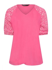 Yours Curve Pink Anglaise Sleeve 100% Cotton T-Shirt - Image 5 of 5