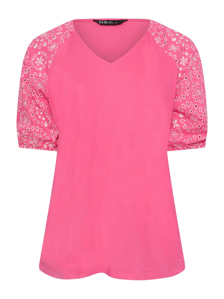 Yours Curve Pink Anglaise Sleeve 100% Cotton T-Shirt - Image 5 of 5