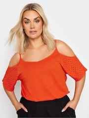 Yours Curve Orange Cold Shoulder Anglaise Sleeve Top - Image 1 of 5