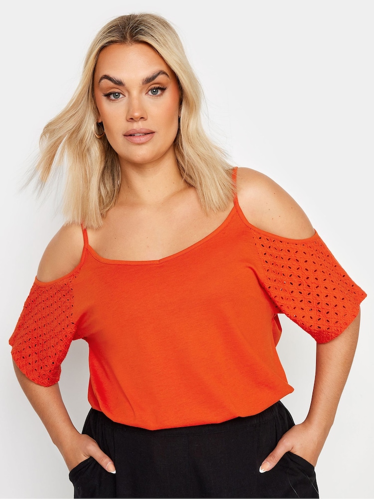 Yours Curve Orange Cold Shoulder Anglaise Sleeve Top - Image 1 of 5