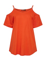 Yours Curve Orange Cold Shoulder Anglaise Sleeve Top - Image 5 of 5