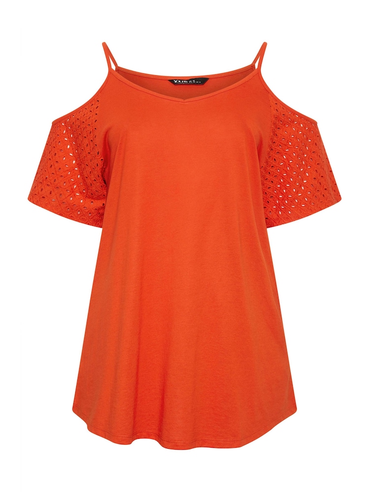 Yours Curve Orange Cold Shoulder Anglaise Sleeve Top - Image 5 of 5