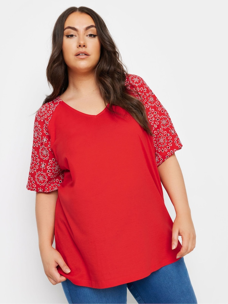Yours Curve Red Anglaise Sleeve 100% Cotton T-Shirt - Image 1 of 5