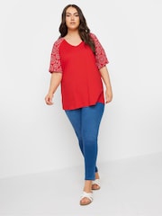 Yours Curve Red Anglaise Sleeve 100% Cotton T-Shirt - Image 2 of 5