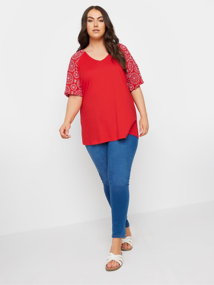 Yours Curve Red Anglaise Sleeve 100% Cotton T-Shirt - Image 2 of 5