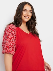 Yours Curve Red Anglaise Sleeve 100% Cotton T-Shirt - Image 4 of 5