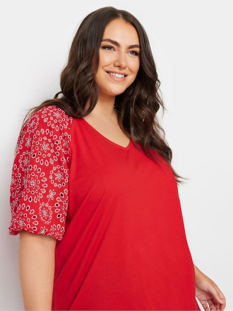 Yours Curve Red Anglaise Sleeve 100% Cotton T-Shirt - Image 4 of 5