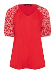 Yours Curve Red Anglaise Sleeve 100% Cotton T-Shirt - Image 5 of 5