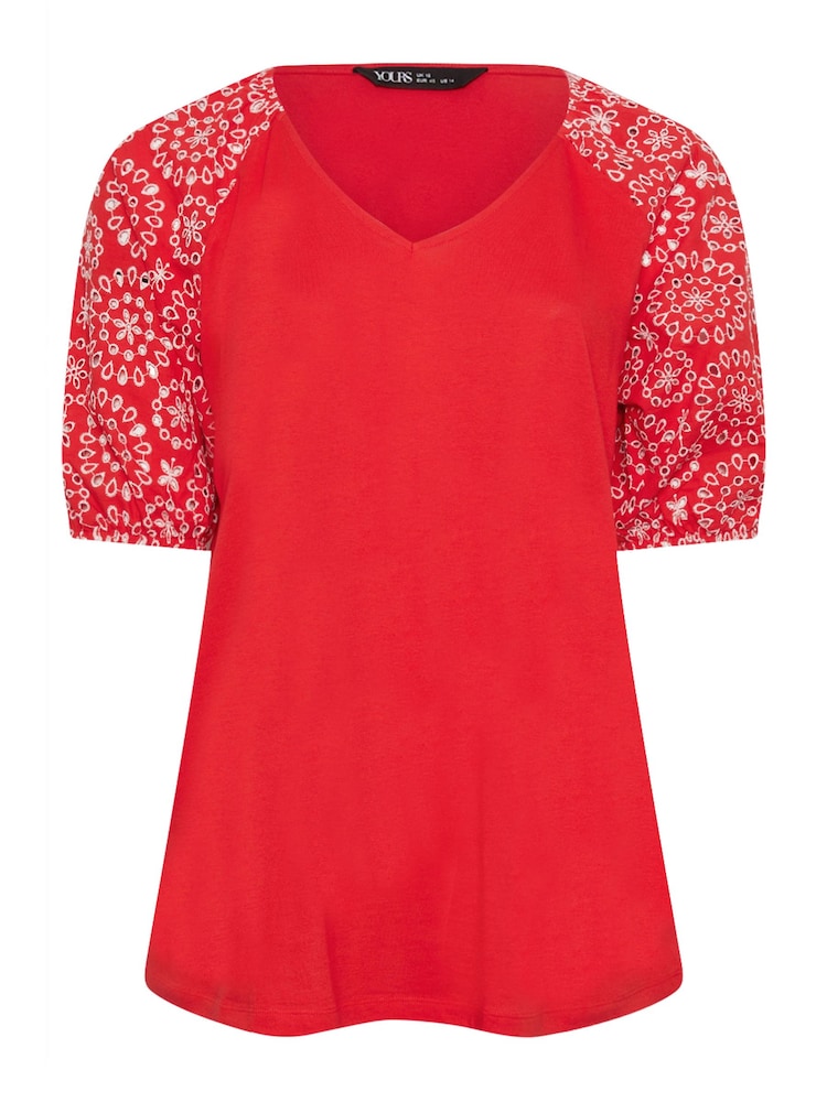 Yours Curve Red Anglaise Sleeve 100% Cotton T-Shirt - Image 5 of 5